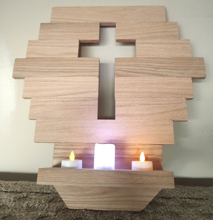 Handcrafted wooden cross with a three-candle holder, made from reclaimed oak. Perfect for rustic home décor, weddings, or as a meaningful gift.
