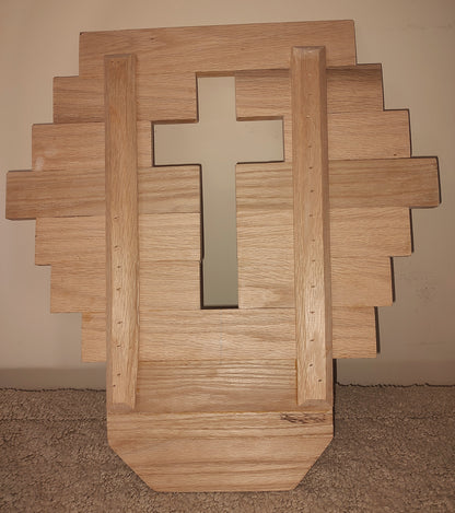 Handcrafted wooden cross with a three-candle holder, made from reclaimed oak. Perfect for rustic home décor, weddings, or as a meaningful gift.