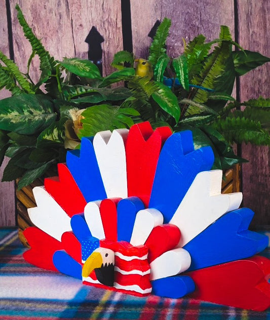 Handmade patriotic wood turkey decor in red, white, and blue