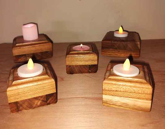 Set of Five Teak Wood Candle Holders